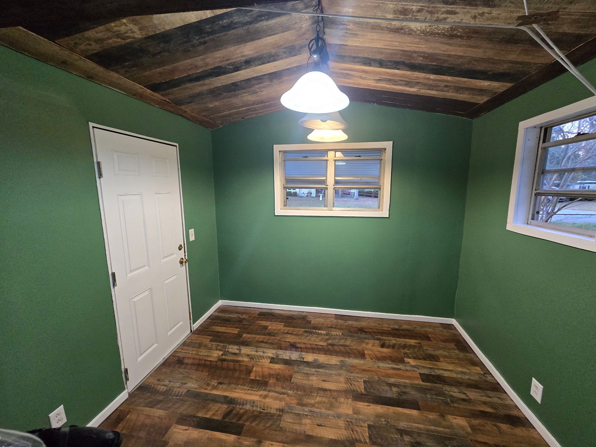 Empty green room with wood ceiling, rustic floor, white door, and two windows.