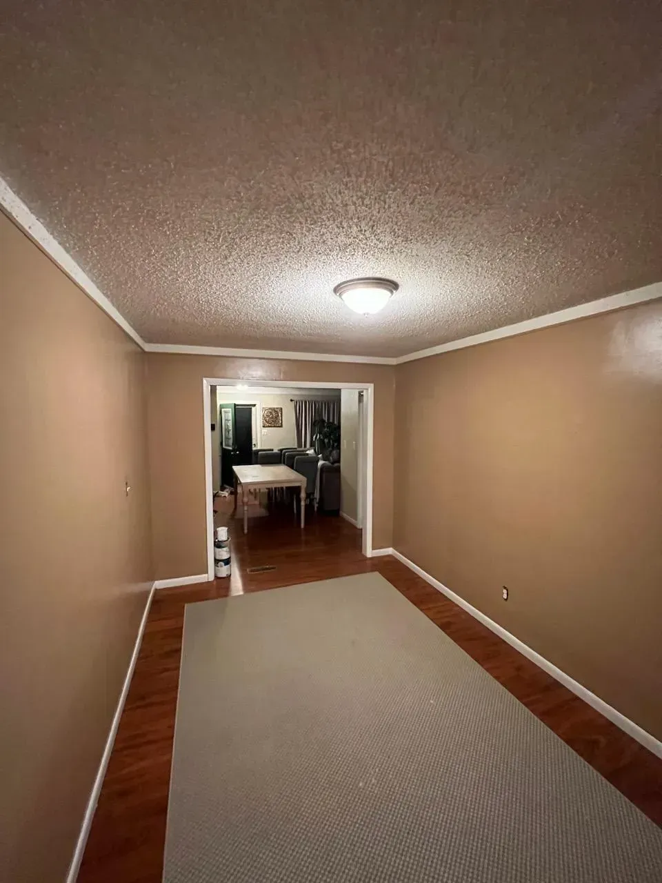 Empty beige hallway with a large gray rug, white trim, and a view into a room at the far end.