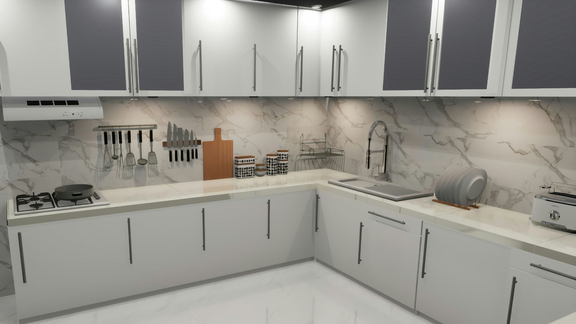Modern white L-shaped kitchen with marble backsplash, gray cabinets, and countertop appliances