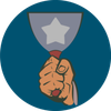 Hand holding a raised silver trophy with a star emblem on a blue circle background