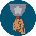Cartoon hand holding a gray trophy with a star, on a blue background