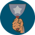 Hand holding a raised silver trophy with a star emblem on a blue circle background