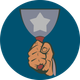 Hand holding a raised silver trophy with a star emblem on a blue circle background