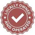 Maroon seal badge with white checkmark and text “Locally Owned and Operated”