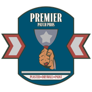 Logo for Premier Patch Pros with shield, hand holding plaster knife, and red chevrons