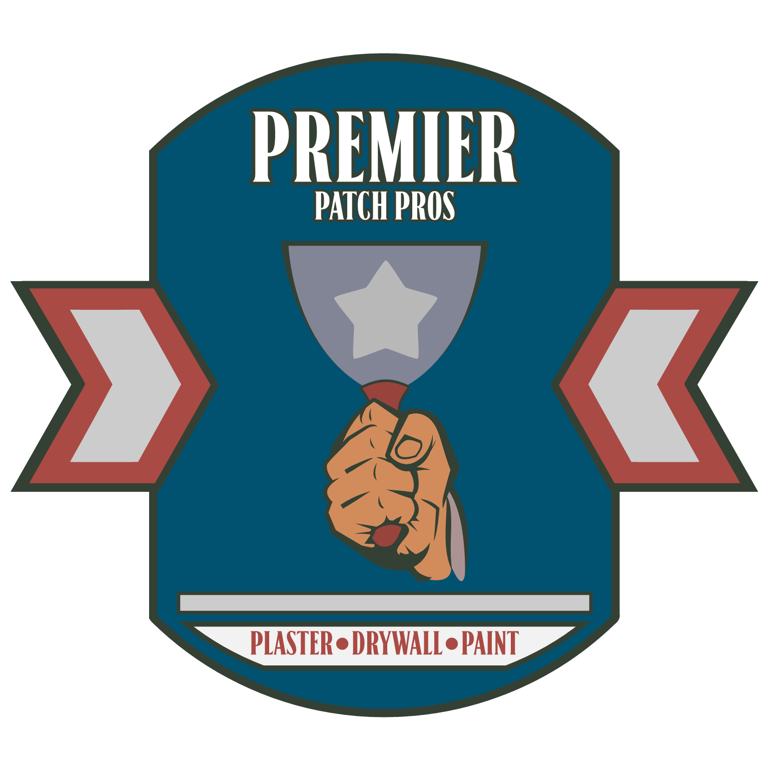 Logo for Premier Patch Pros with shield, hand holding plaster knife, and red chevrons