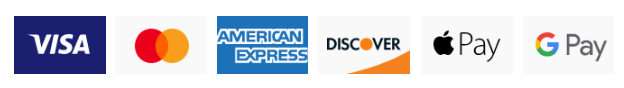 Visa, Mastercard, American Express, Discover, Apple Pay, and Google Pay payment logos on a white background