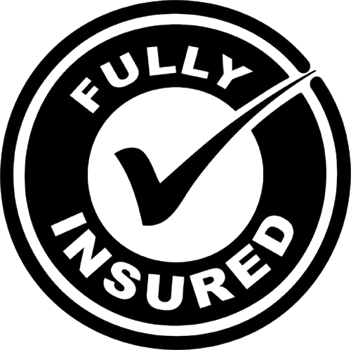 Black and white “Fully Insured” badge with a large checkmark in a circle
