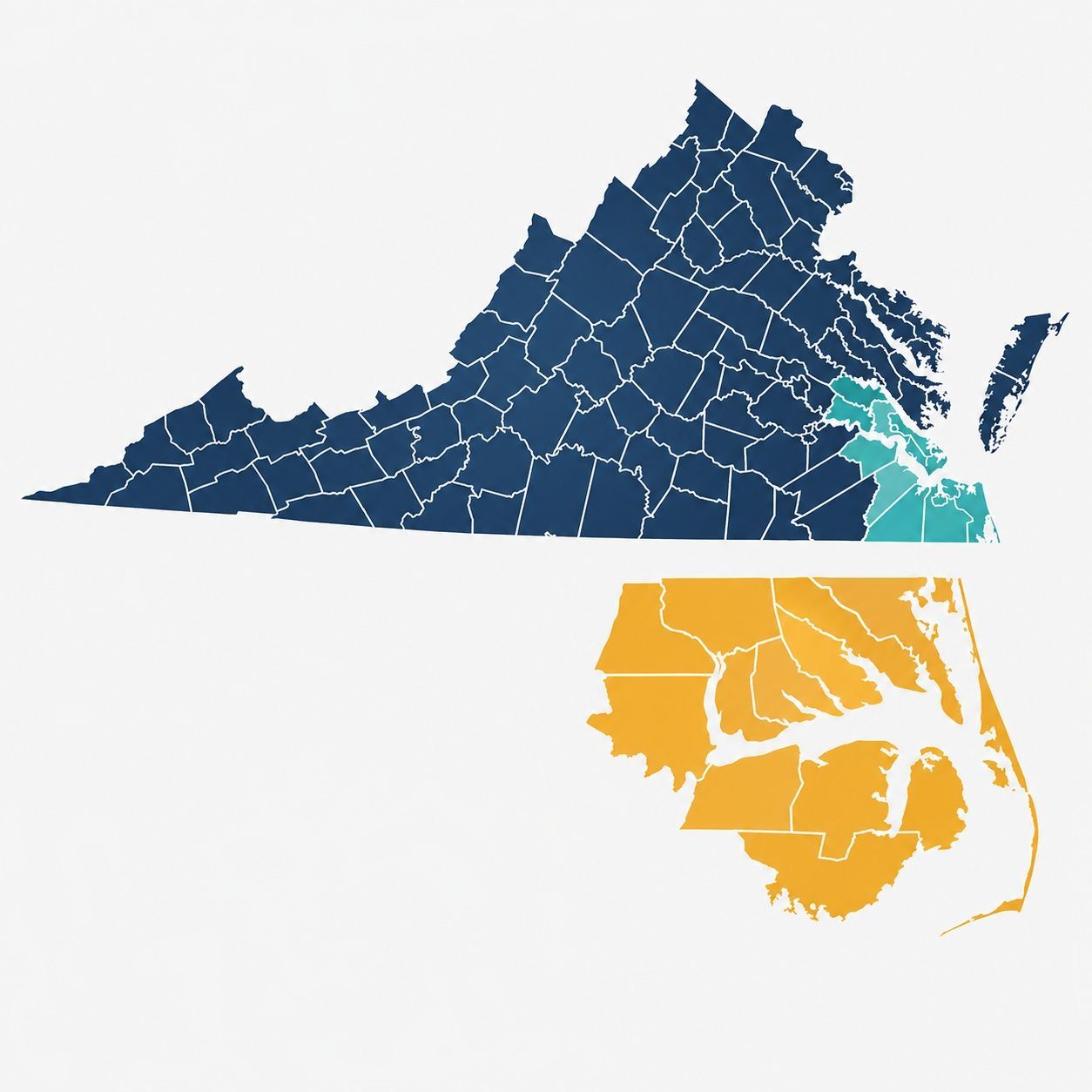 Stylized map of Virginia split into blue upper and yellow lower sections with white county outlines