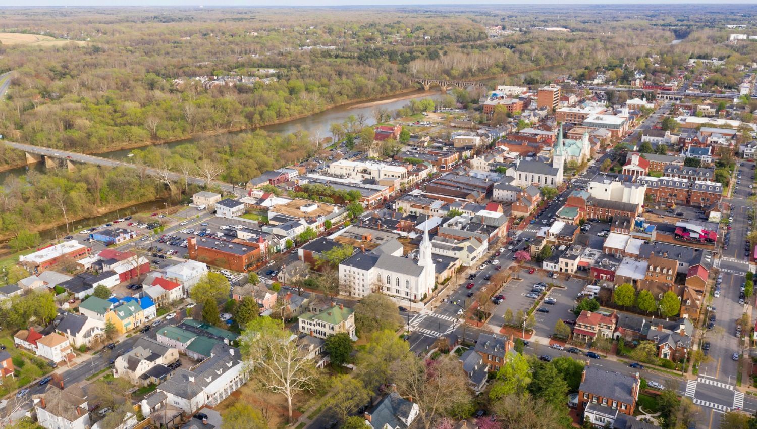 Beautiful Colorful Aerial Perspective Over Downtown Fredricksburg, VA