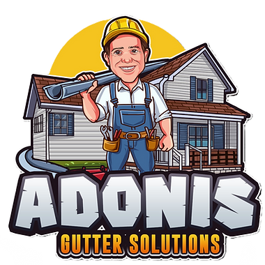 Cartoon gutter technician logo with house background and text &ldquo;ADONIS GUTTER SOLUTIONS&rdquo;