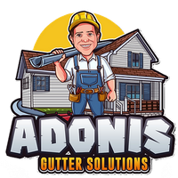 Cartoon gutter technician logo with house background and text &ldquo;ADONIS GUTTER SOLUTIONS&rdquo;