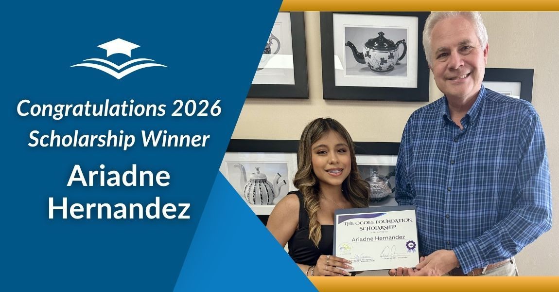Congratulations 2026 Scholarship Winner Ariadne Hernandez with smiling man holding certificate