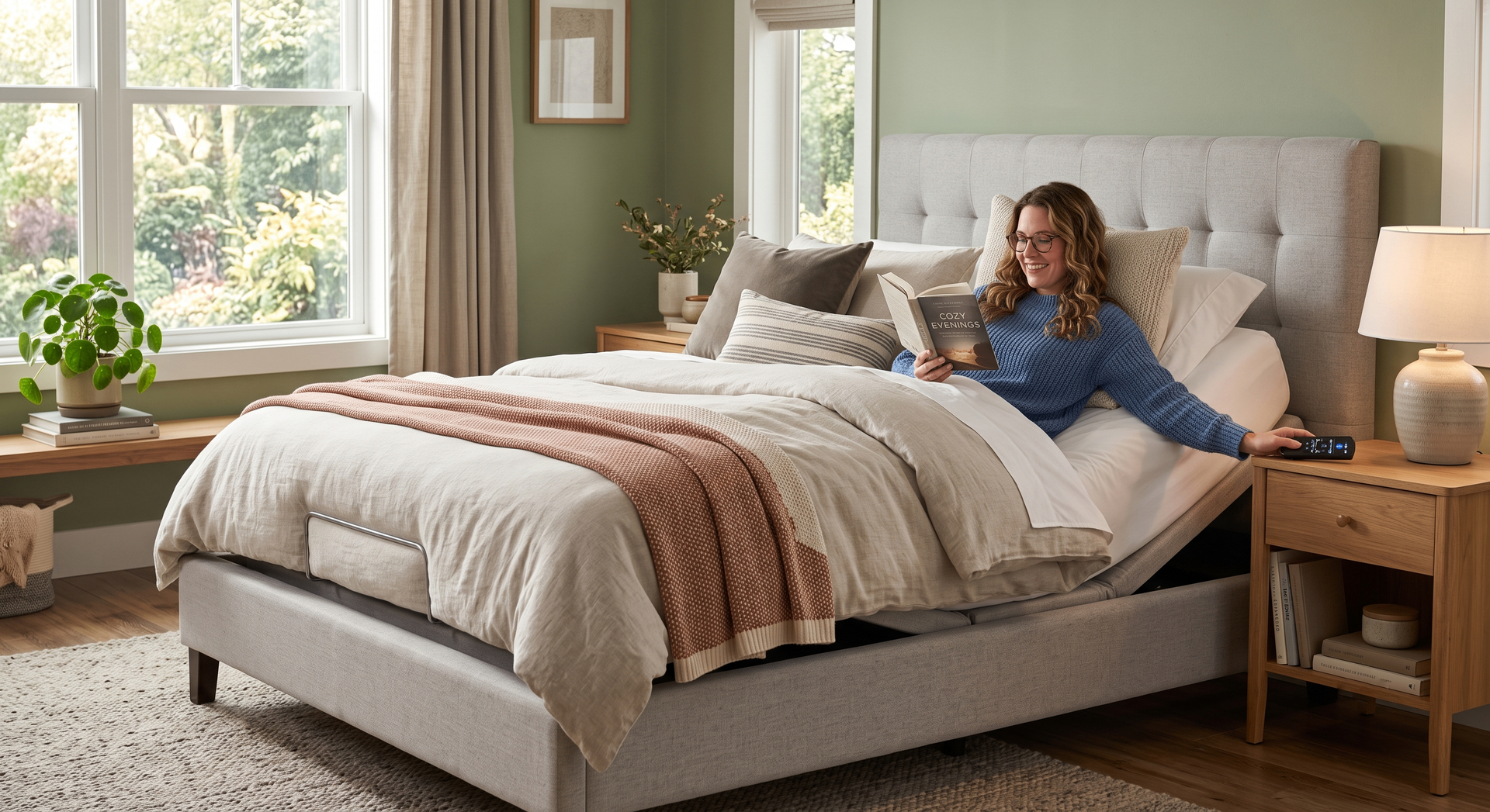 Woman relaxing on a bed in a bright bedroom, with a window, nightstand, and soft neutral decor.