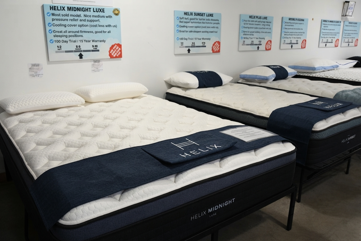 Hand pressing on a mattress corner to test firmness, with sunlight on a bedroom floor