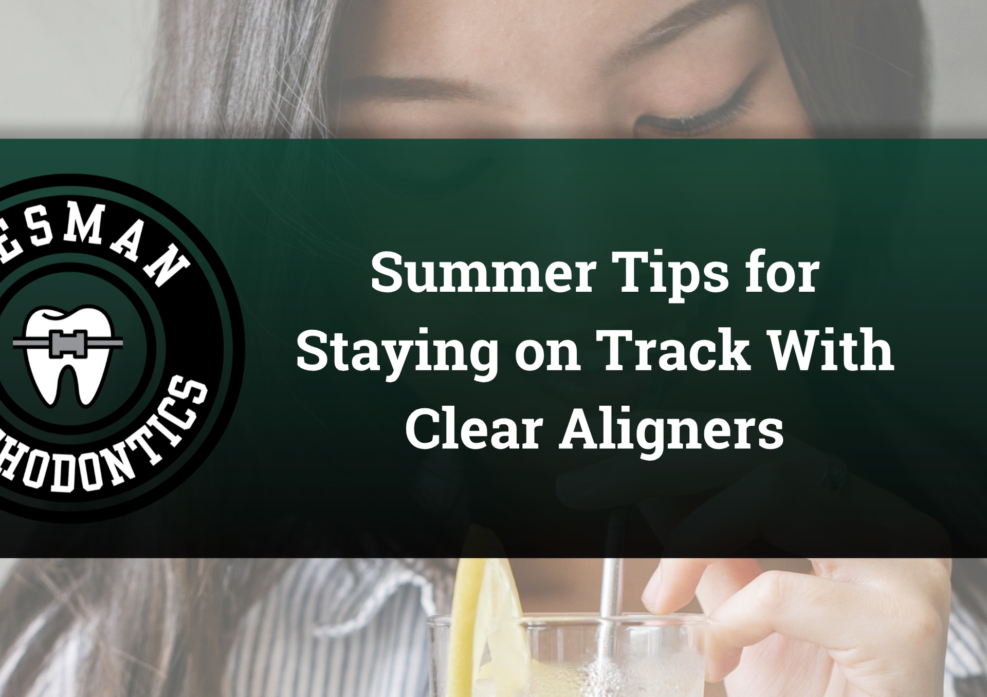 Woman in straw hat eating ice cream beside text: “How to Enjoy Summer Without Slowing Your Clear Aligner Treatment”
