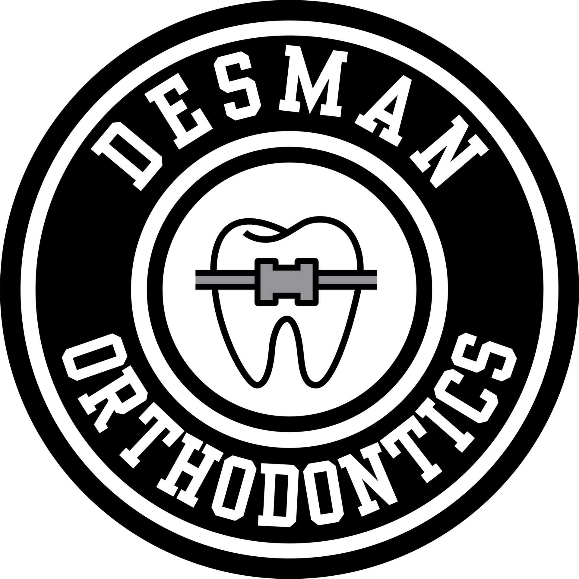 Black-and-white Desman Orthodontics logo with a tooth and braces icon inside a circular emblem