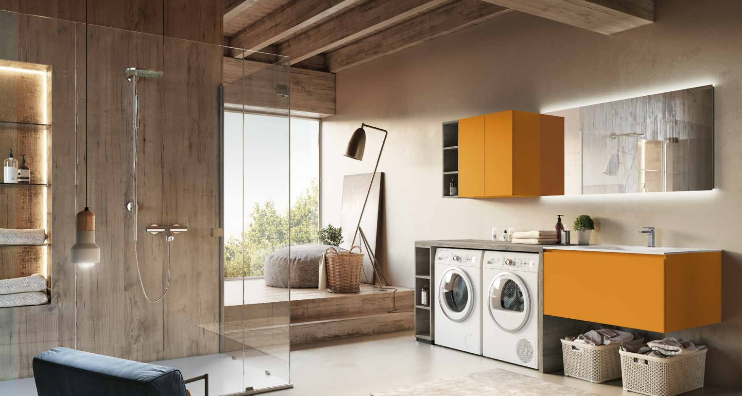 Lavanderia moderna con lavatrice, lavabo, mobili arancioni e sedile sotto la finestra in uno spazio luminoso rivestito in legno.