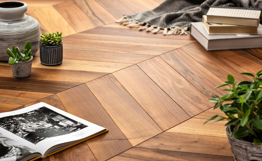 Tavolino in legno con piccole piante in vaso, libri e una rivista aperta su una superficie calda e rustica.