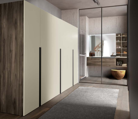 Corridoio moderno e minimalista con ampi armadi beige, tappeto grigio e parete divisoria in vetro.