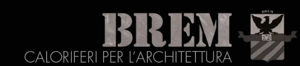 Logo con la scritta “BREM” e “CALORIFERI E ARREDO” sotto, più un piccolo emblema a forma di scudo su sfondo nero.