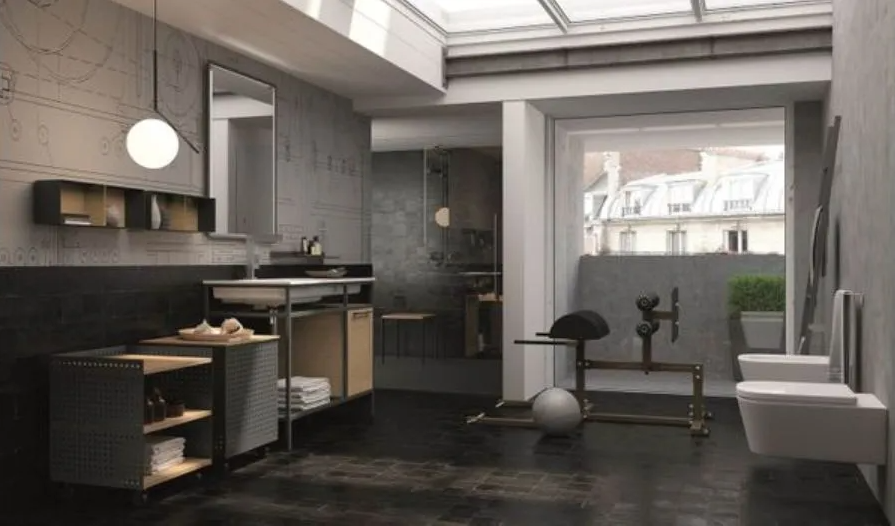 Cucina e zona pranzo moderne, sui toni del grigio, con eleganti mobili, lavello, sgabelli e un'ampia finestra.