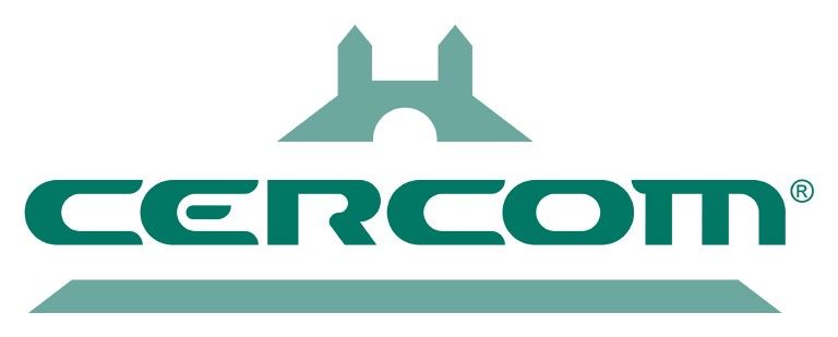 Logo Cercom in color verde acqua con emblema stilizzato a forma di castello sopra il marchio denominativo