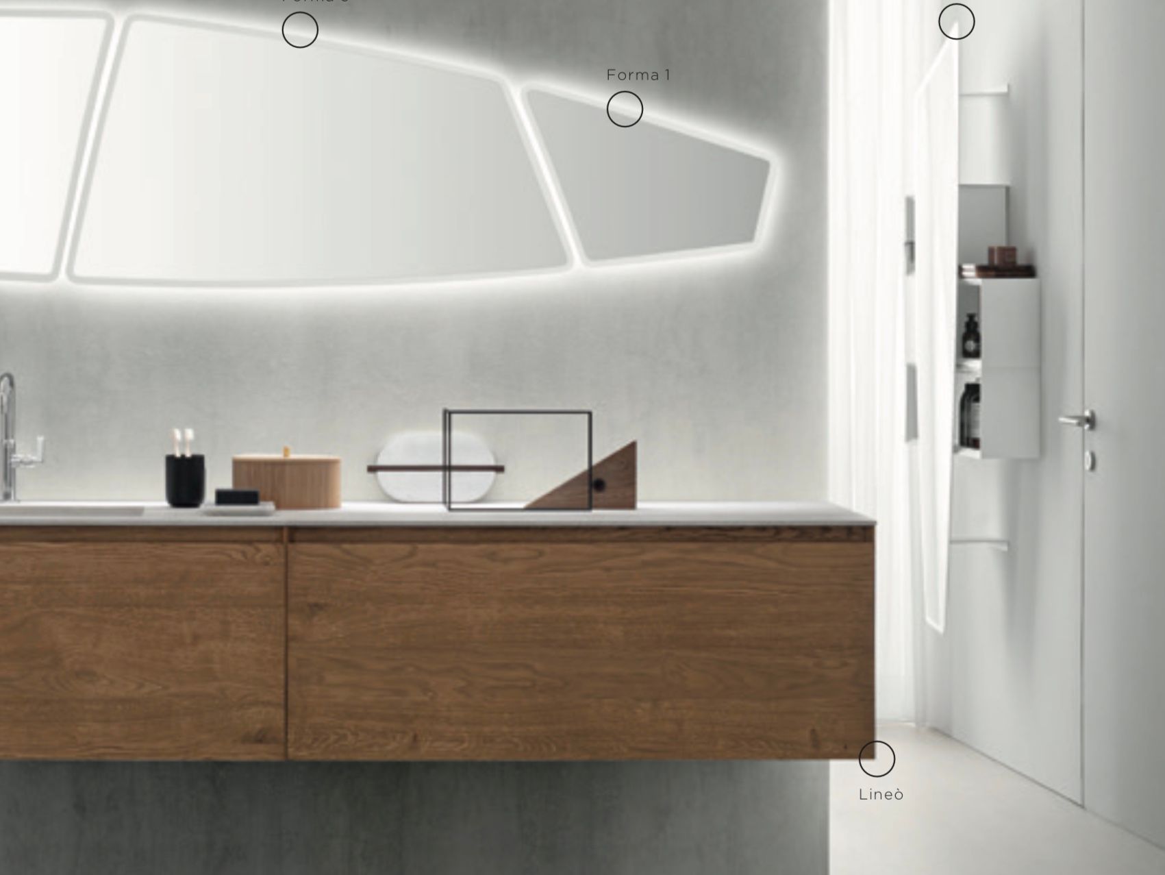 Mobile bagno moderno con mobiletto in legno, specchio retroilluminato e apertura verso la zona doccia.