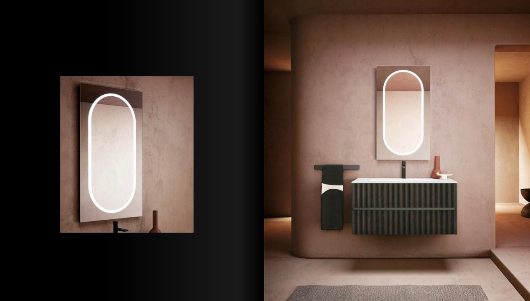 Bagno moderno con specchio ovale retroilluminato, mobile lavabo scuro e pareti color beige caldo.