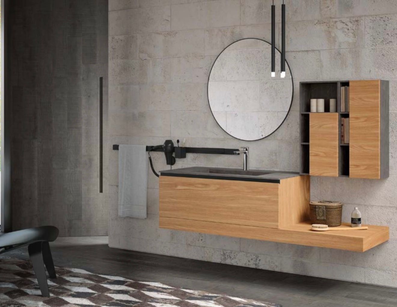 Mobile bagno moderno con ante in legno, specchio rotondo, rubinetto nero e pareti minimaliste in cemento grigio.