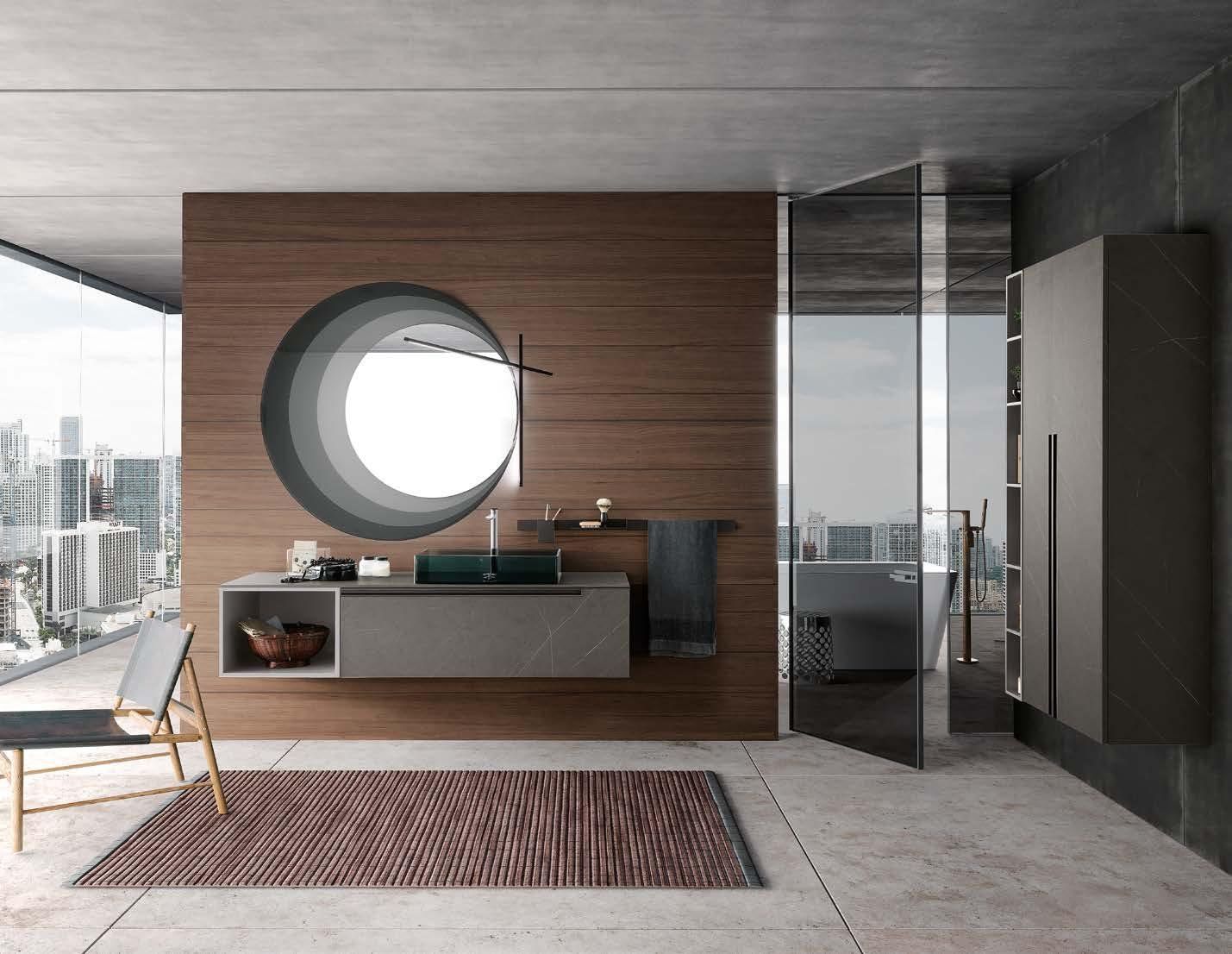 Soggiorno moderno con parete decorativa in legno, finestra circolare, porte a vetri e mobili minimalisti con vista sulla città.