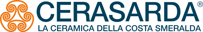 CERASARDA logo with orange spiral icon and blue text, “LA CERAMICA DELLA COSTA SMERALDA” tagline