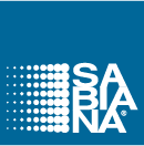 Logo SABA in punti e lettere bianche su sfondo blu.