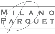 Logo Milano Parquet in testo grigio con un design stilizzato a linee circolari.