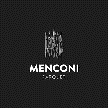 Logo in bianco e nero con la scritta “MENCONI” e un piccolo emblema astratto sopra il testo.