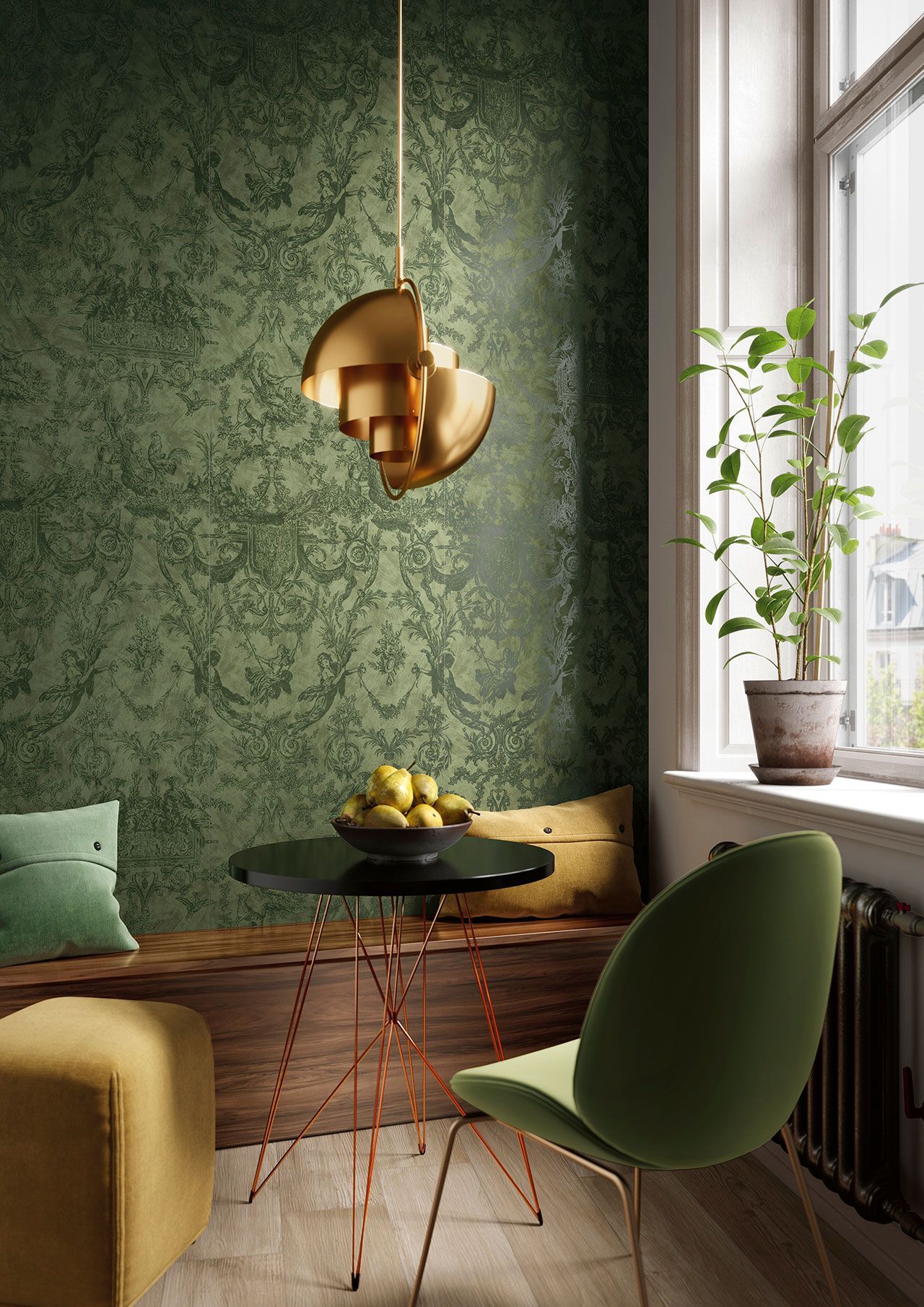 Accogliente angolo pranzo verde con lampada a sospensione dorata, tavolo rotondo e sedia vicino a una finestra e una pianta in vaso.
