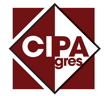 Logo CIPA gres in rosso e bianco con un emblema a forma di diamante e testo in grassetto