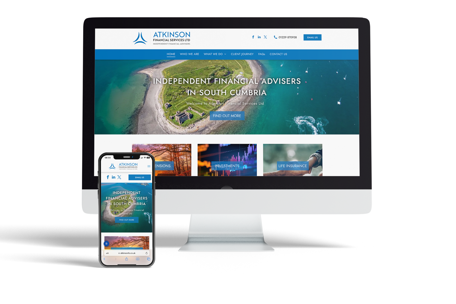 A computer monitor and a cell phone are displaying a website.