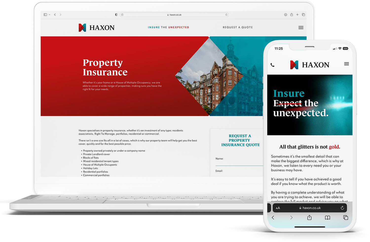 A laptop and a cell phone are displaying a website for property insurance.