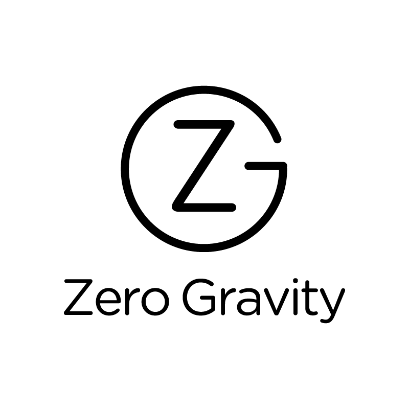A black and white logo for zero gravity with a letter g in a circle.