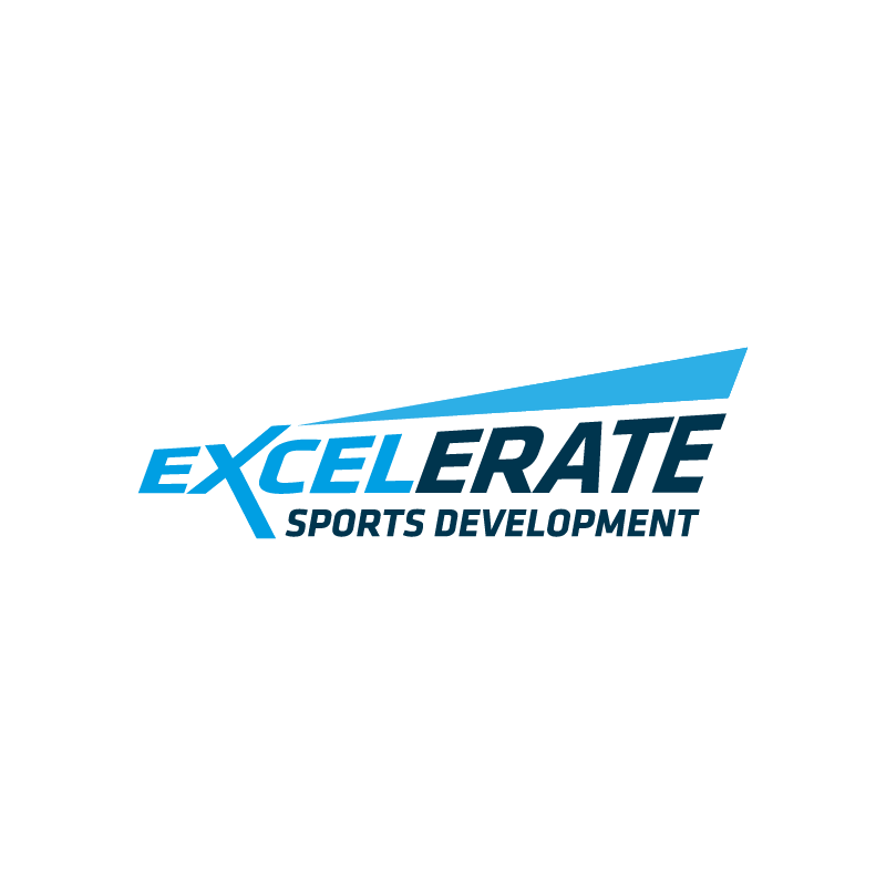 The logo for accelerate sports development is blue and white.