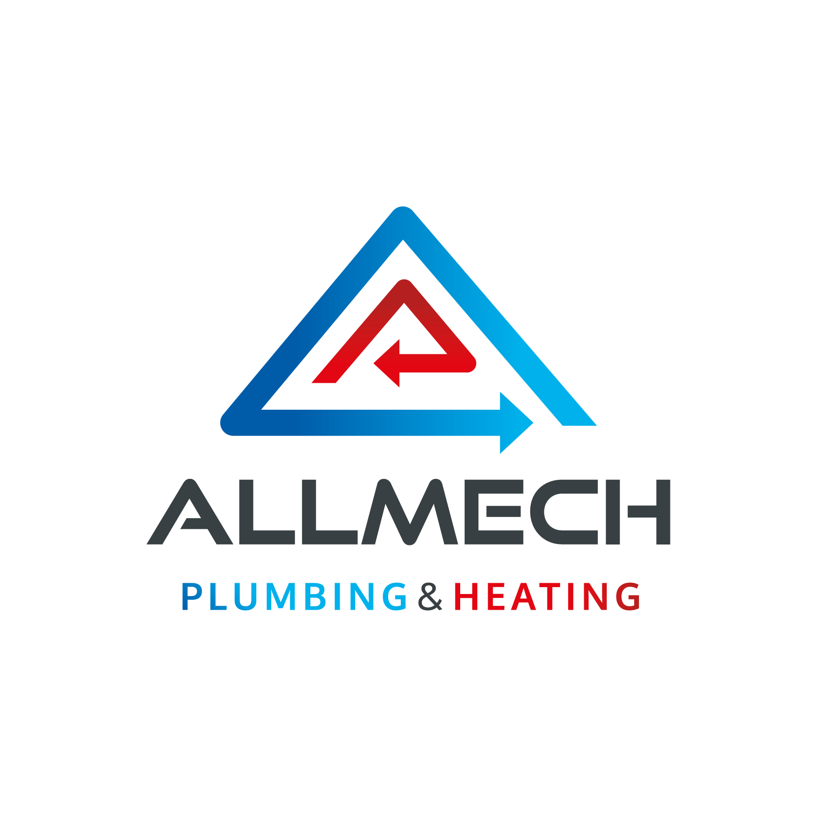The logo for allmech plumbing and heating shows a triangle with two arrows pointing in opposite directions.