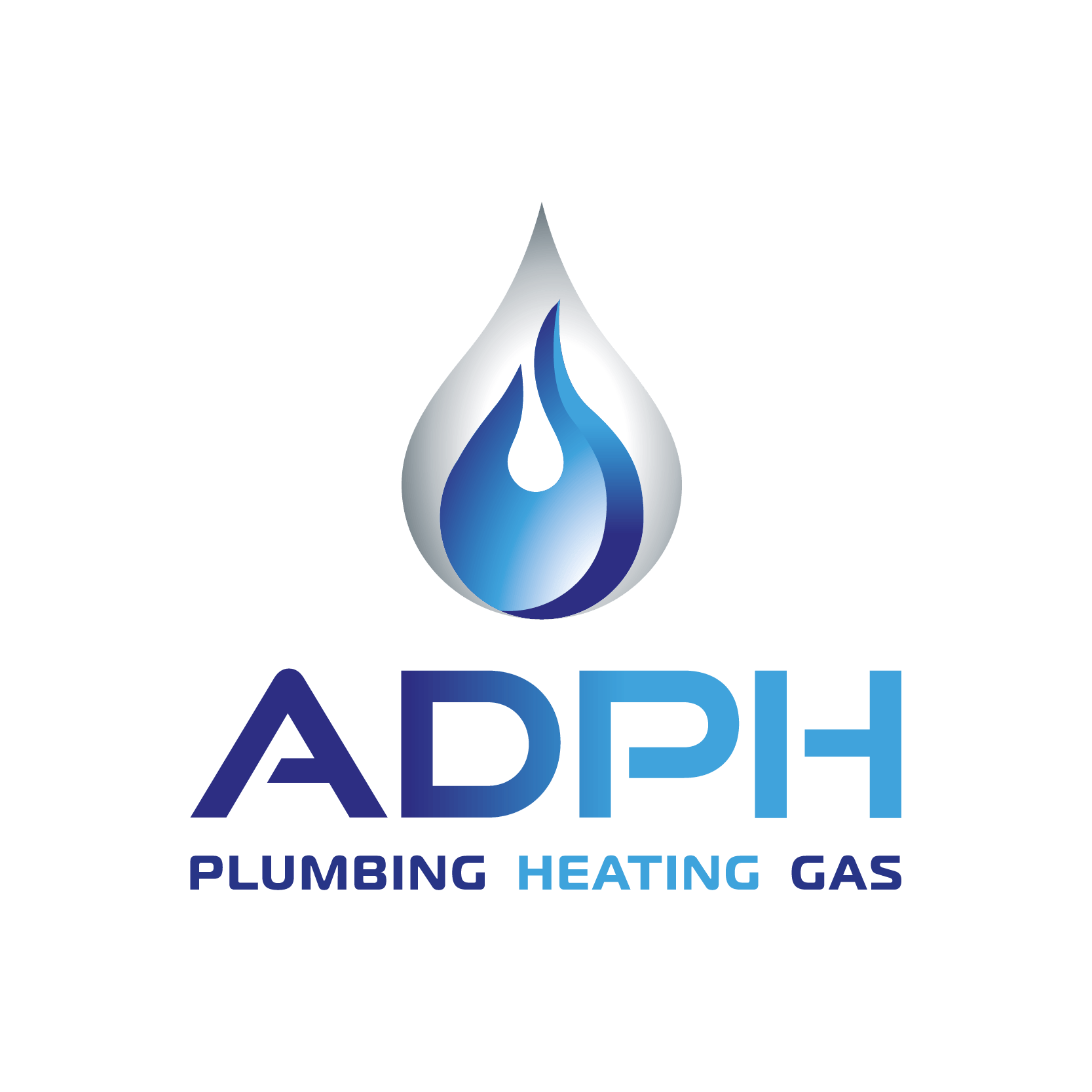 A logo for adph plumbing heating gas with a drop of water and a fire.