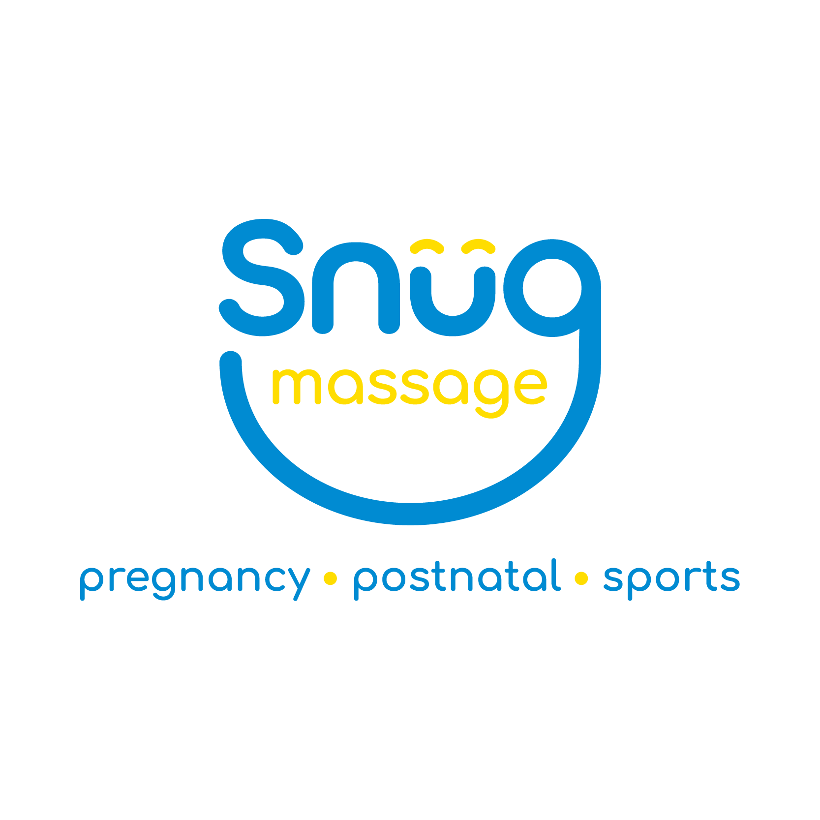 A blue and yellow logo for snug massage pregnancy postnatal sports