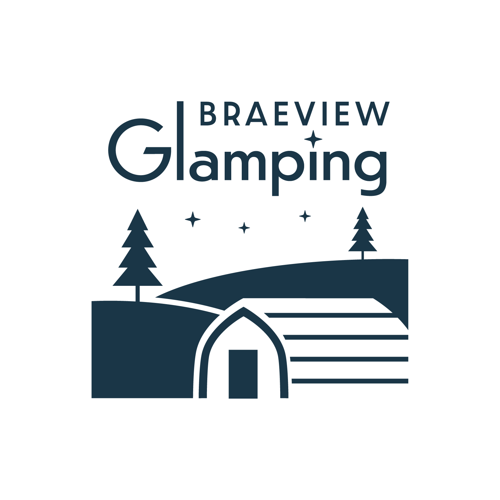 A logo for braeview glamping with a house and trees on a hill.