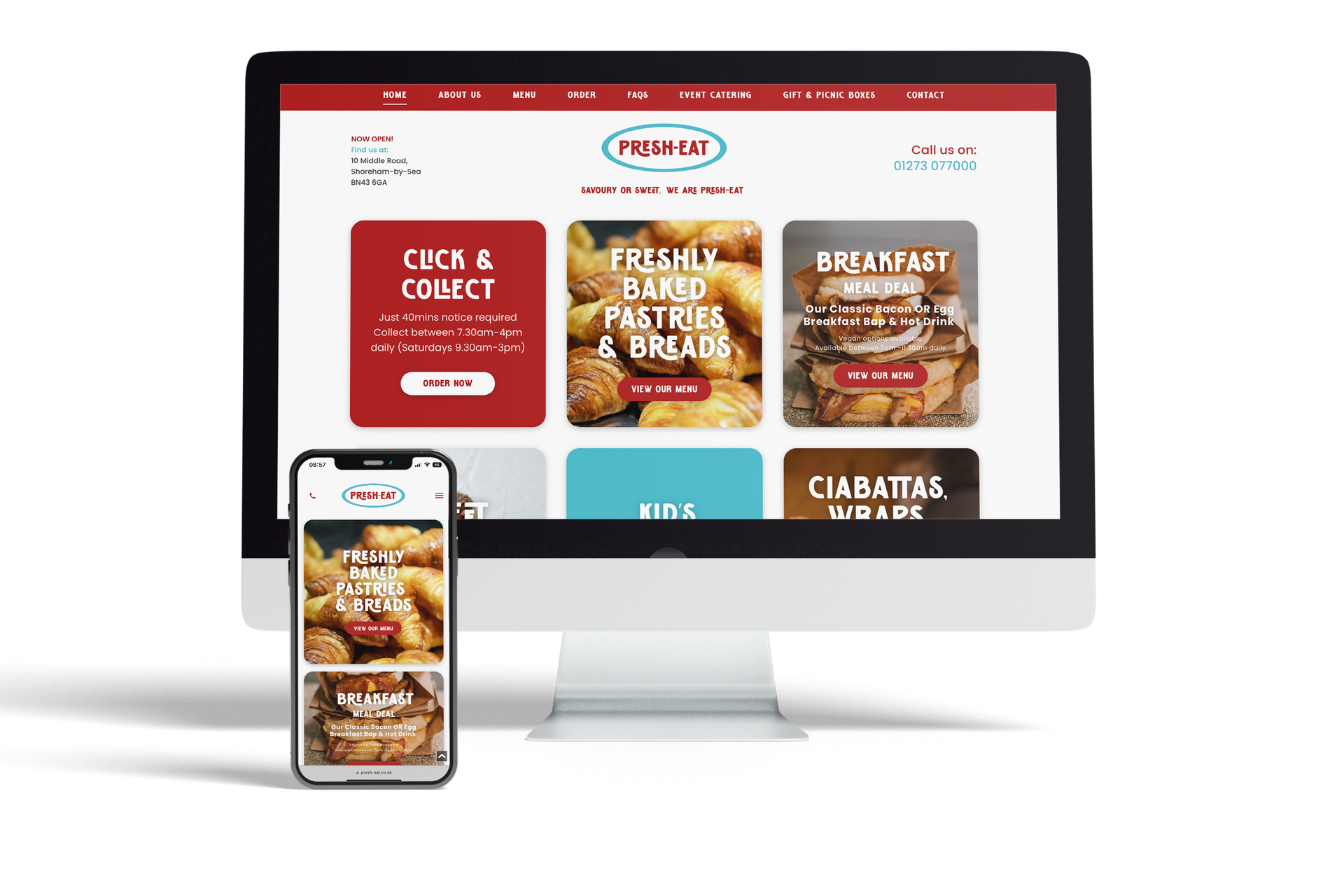 A computer and a cell phone are displaying a website for a bakery.