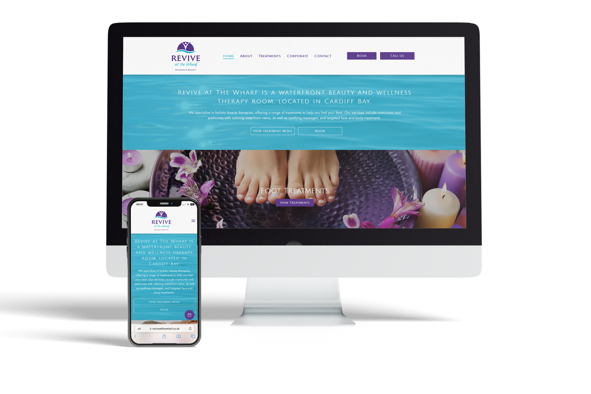 A computer and a cell phone are displaying a website for a spa.