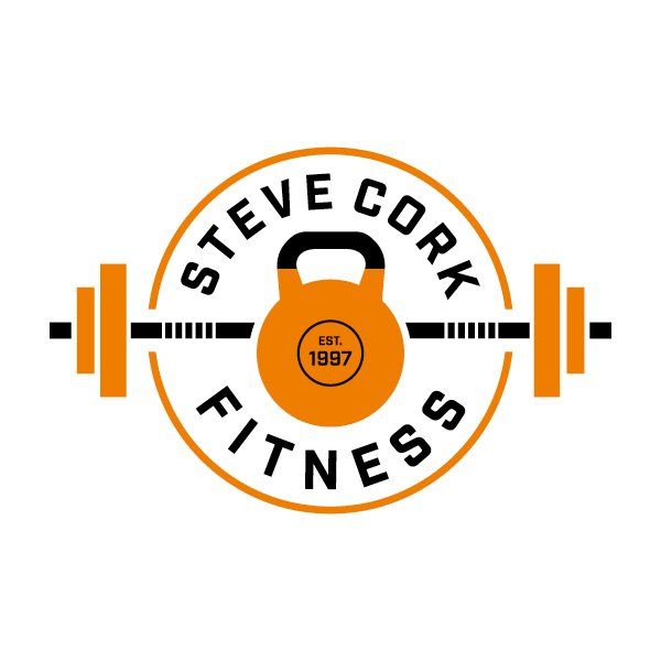 A logo for steve cork fitness with a kettlebell and barbell