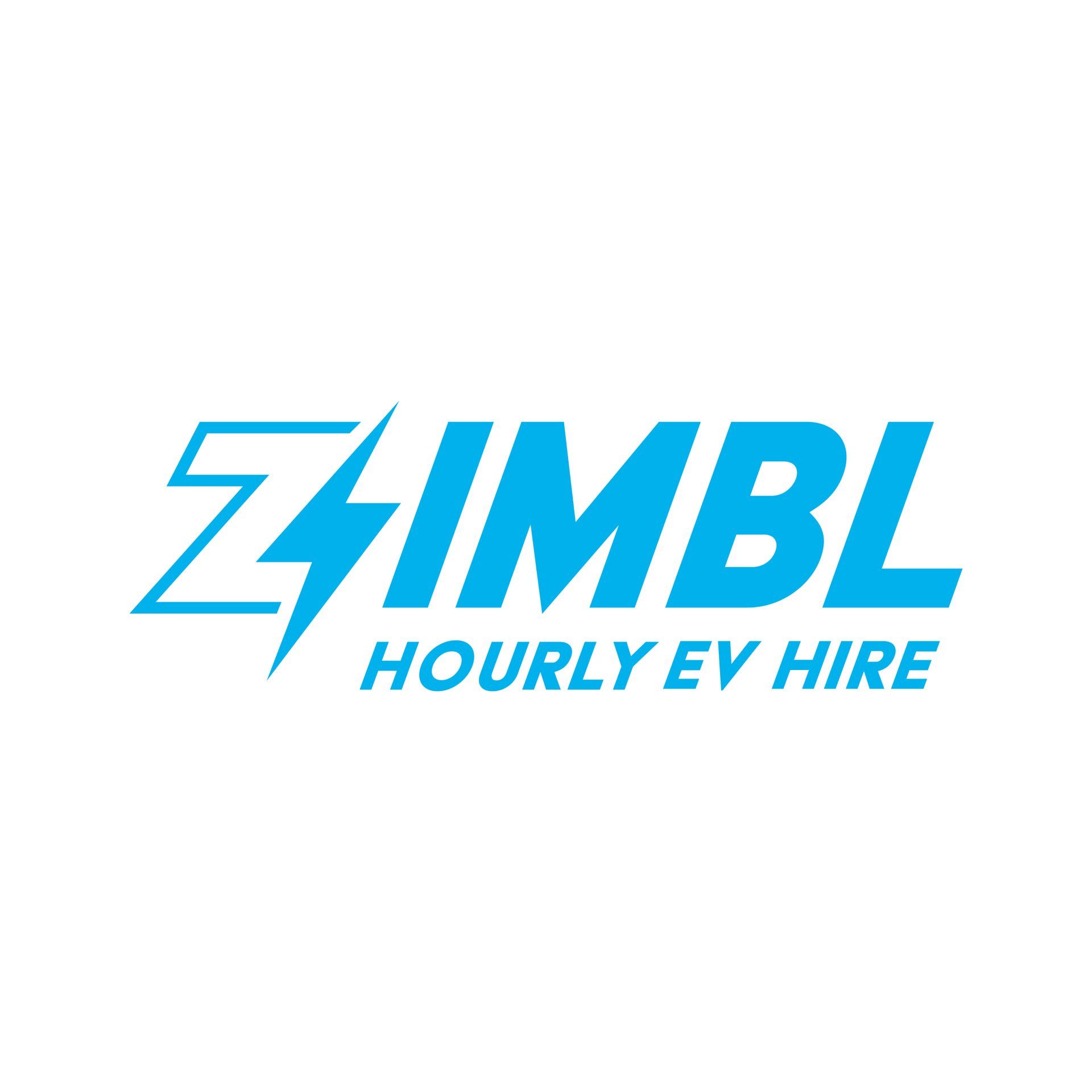 The logo for zimba hourly ev hire is blue and white.