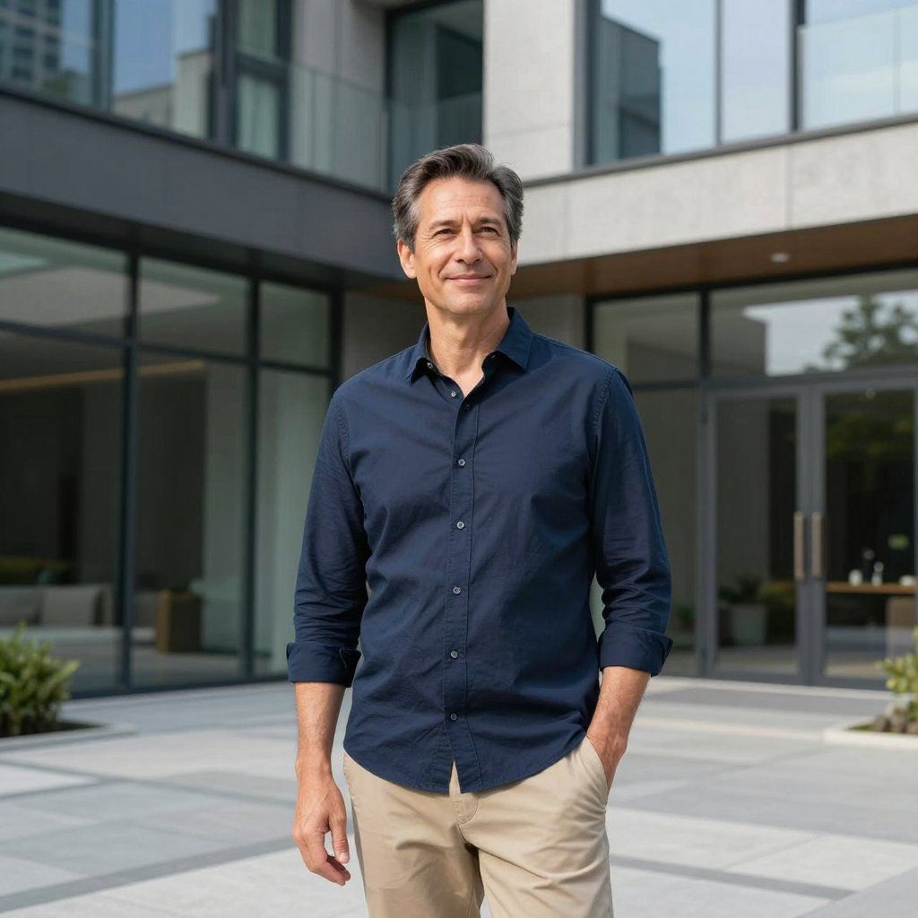 Man standing outside a modern office building, wearing a navy shirt and khaki pants, smiling with hands in pockets